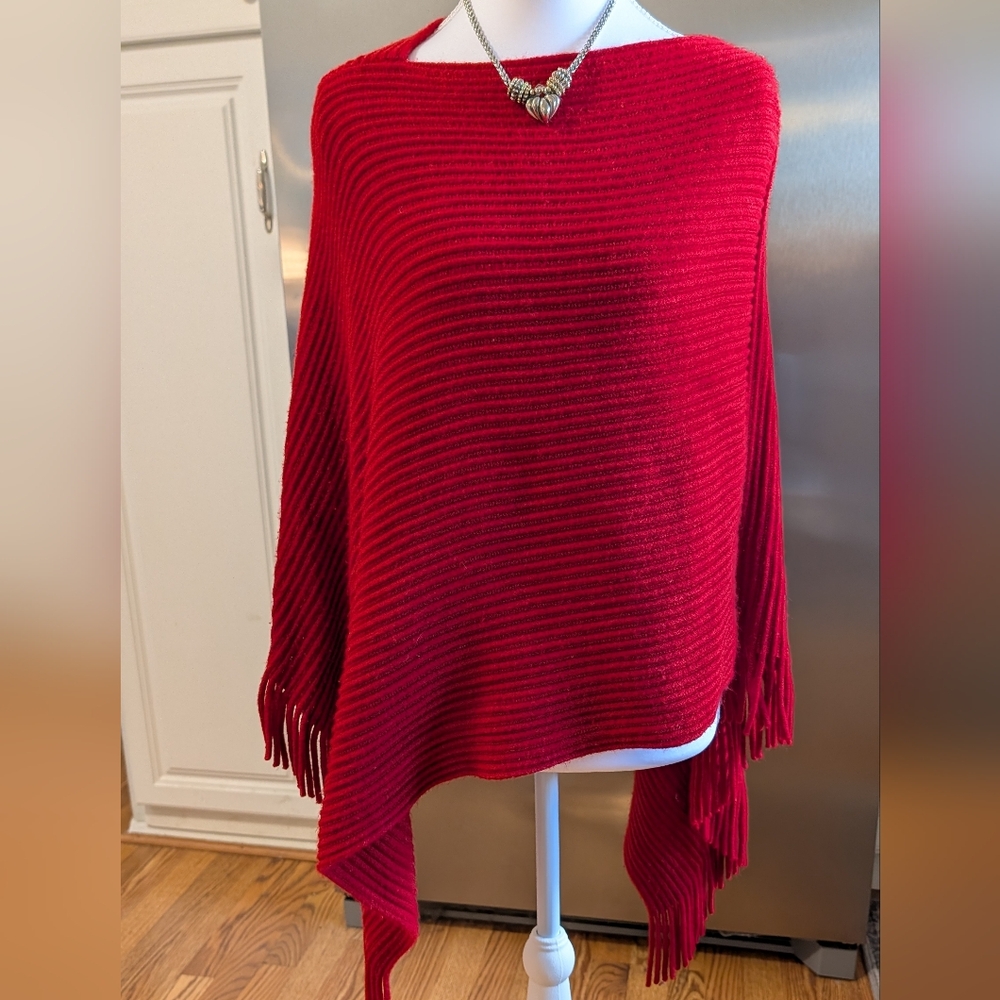Red Poncho Sweater Ribbed Fringe By V. FRASS Pull On One Size Fits Most Holiday